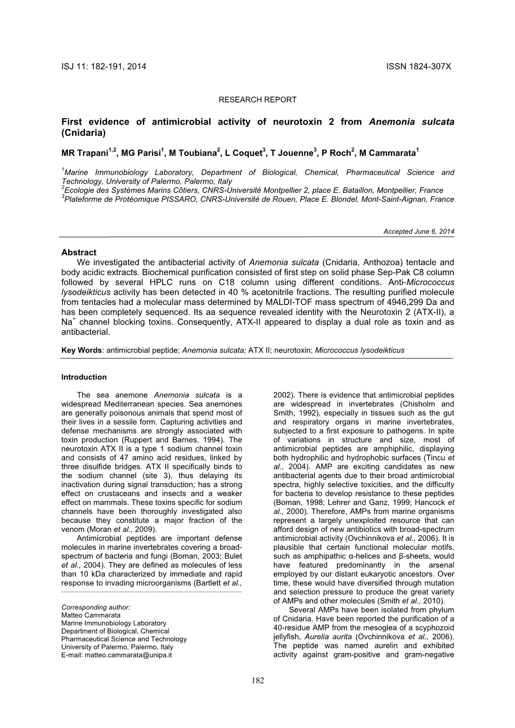 Antimicrobial Peptides Isolation from Anemonia Sulcata (Cnidaria)