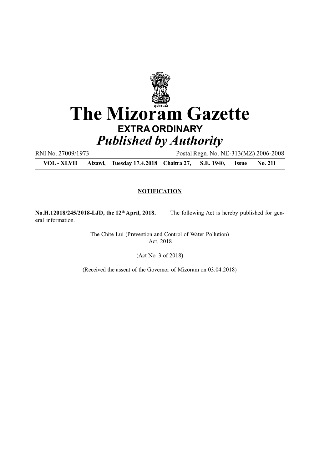 The Mizoram Gazette EXTRA ORDINARY Published by Authority RNI No