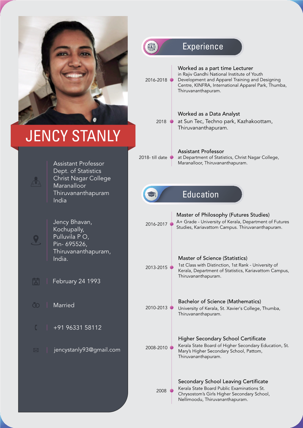 JENCY STANLY Assistant Professor 2018- Till Date at Department of Statistics, Christ Nagar College, Assistant Professor Maranalloor, Thiruvananthapuram