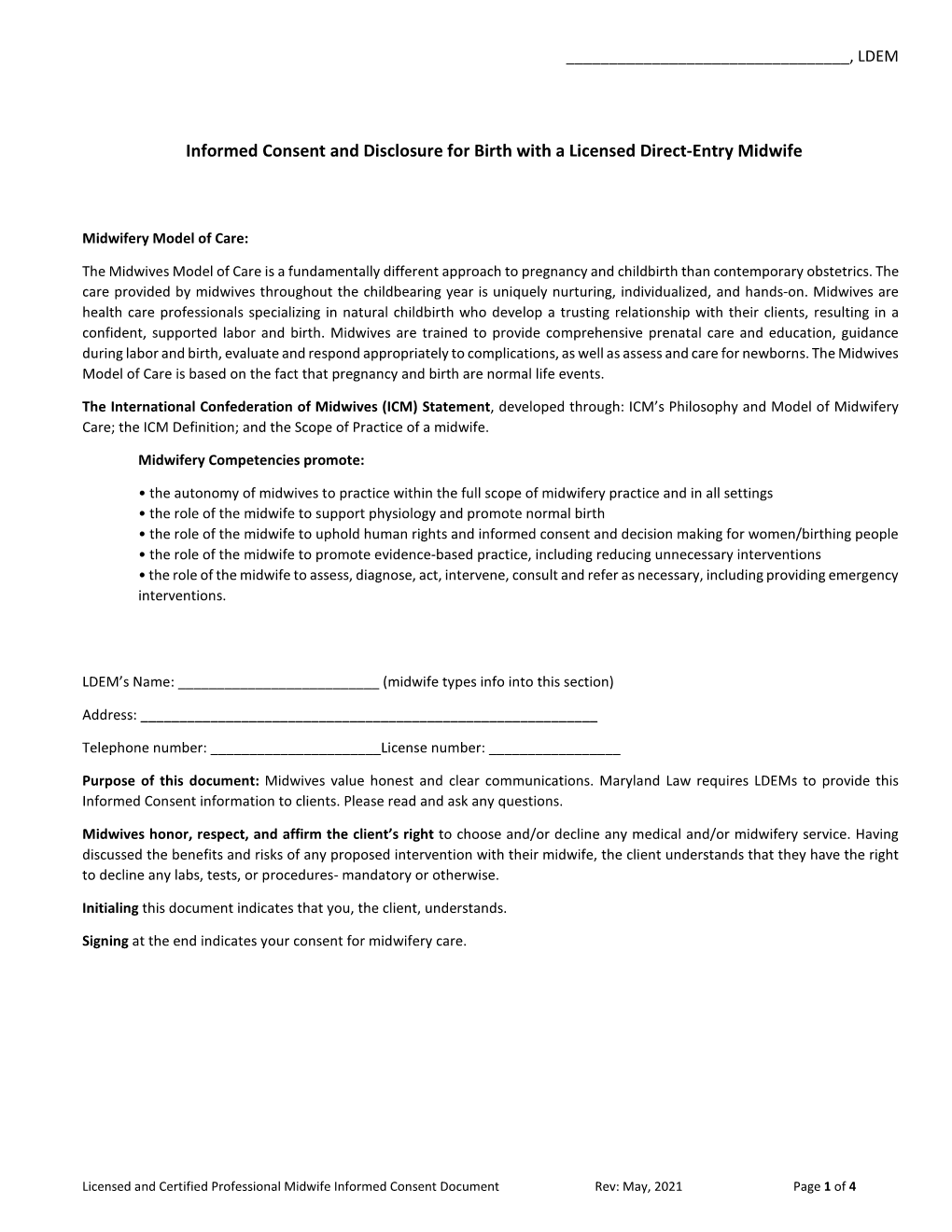 Informed Consent and Disclosure for Birth with a Licensed Direct-Entry Midwife