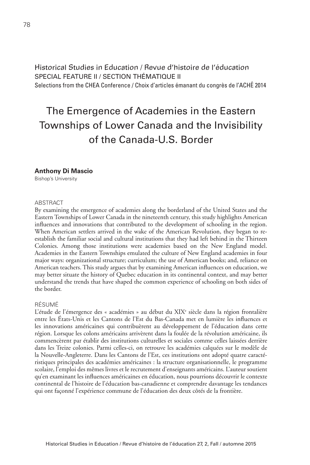 The Emergence of Academies in the Eastern Townships of Lower Canada and the Invisibility of the Canada-U.S