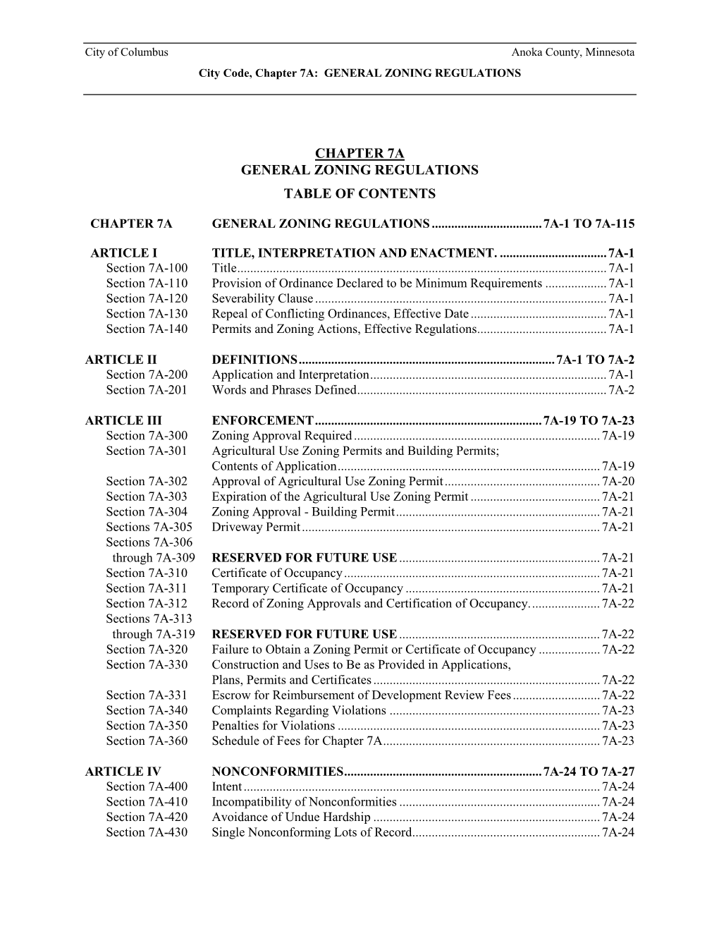 Chapter 7A General Zoning Regulations Table of Contents