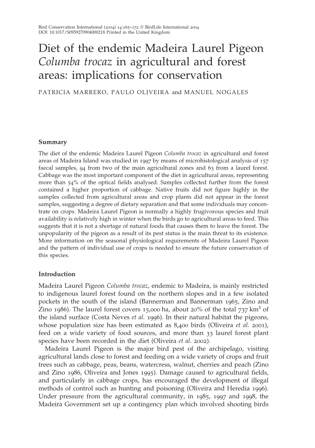 Diet of the Endemic Madeira Laurel Pigeon Columba Trocaz in Agricultural and Forest Areas: Implications for Conservation