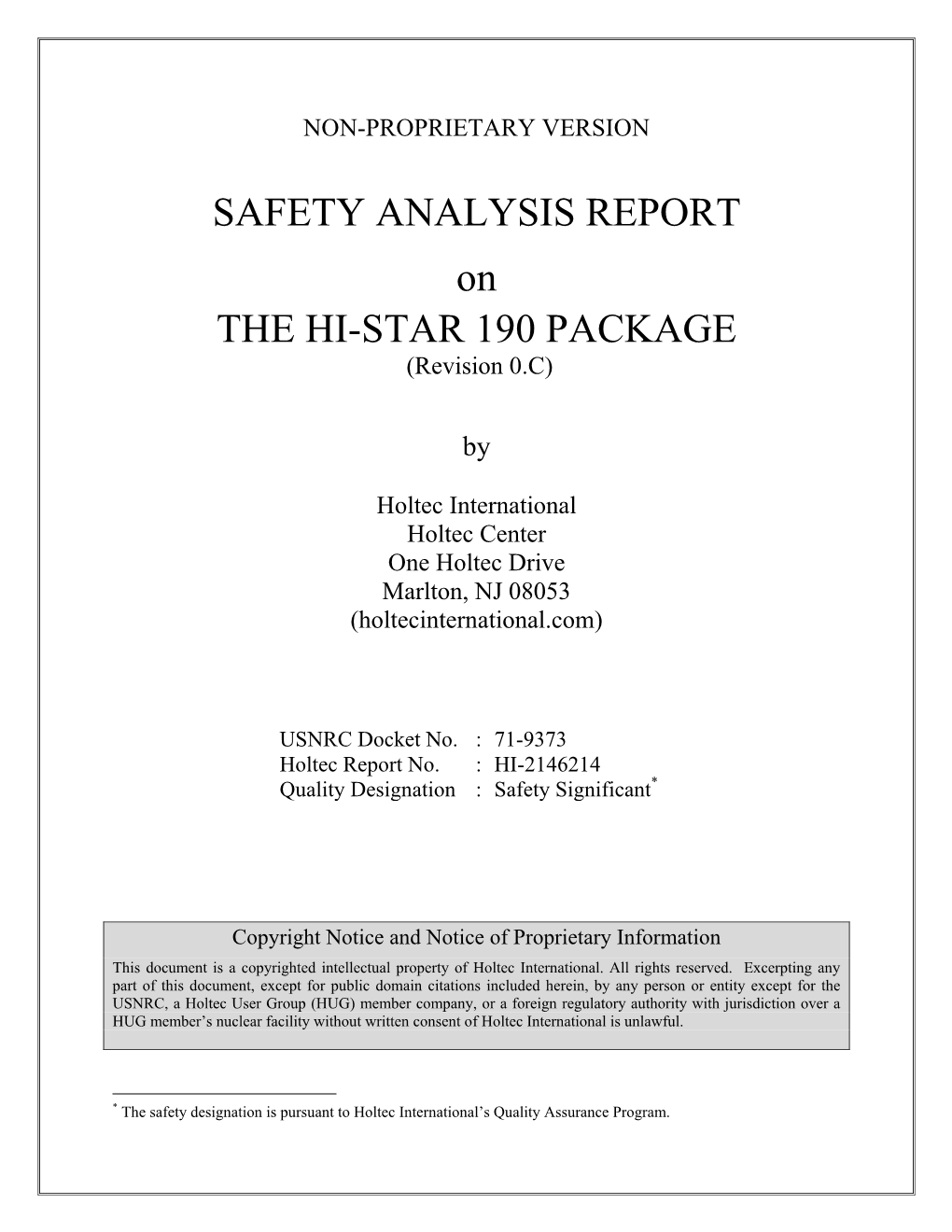 Safety Analysis Report on HI-STAR 190 Package. (Revision 0.C)