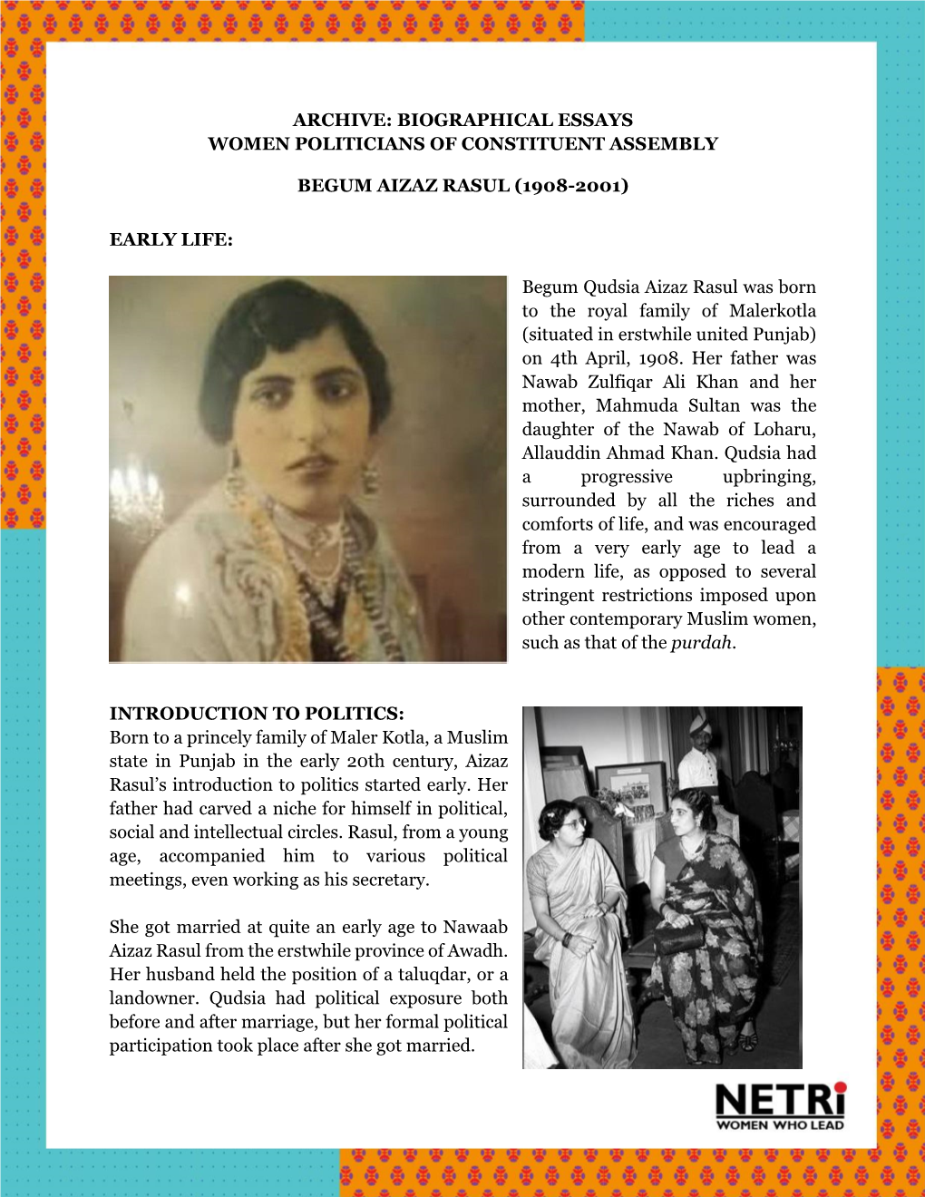 Archive: Biographical Essays Women Politicians of Constituent Assembly