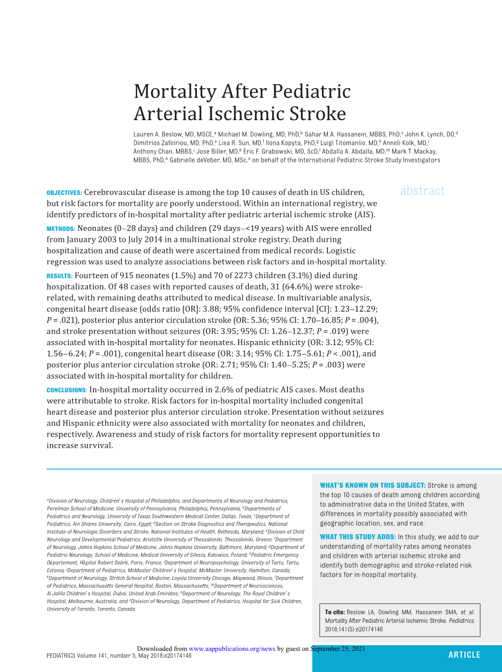 Mortality After Pediatric Arterial Ischemic Stroke