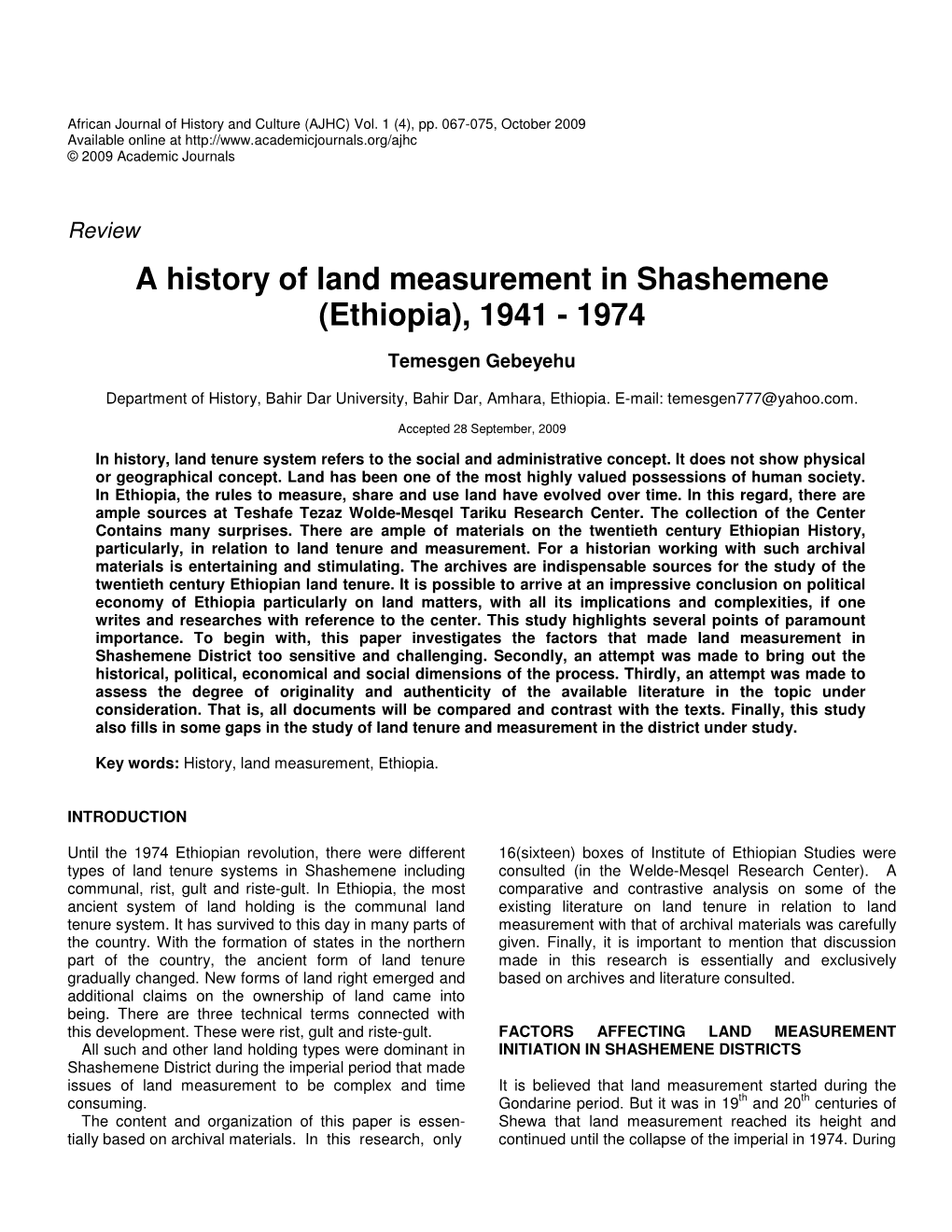 A History of Land Measurement in Shashemene (Ethiopia), 1941 - 1974