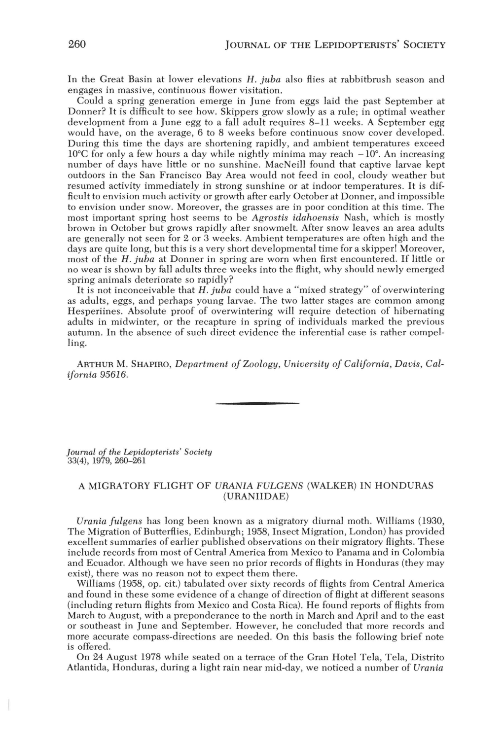 A Migratory Flight of Urania Fulgens (Walker) in Honduras (Uraniidae)