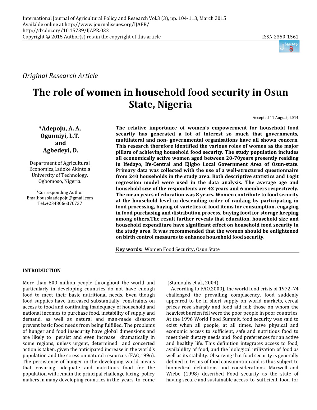 The Role of Women in Household Food Security in Osun State, Nigeria