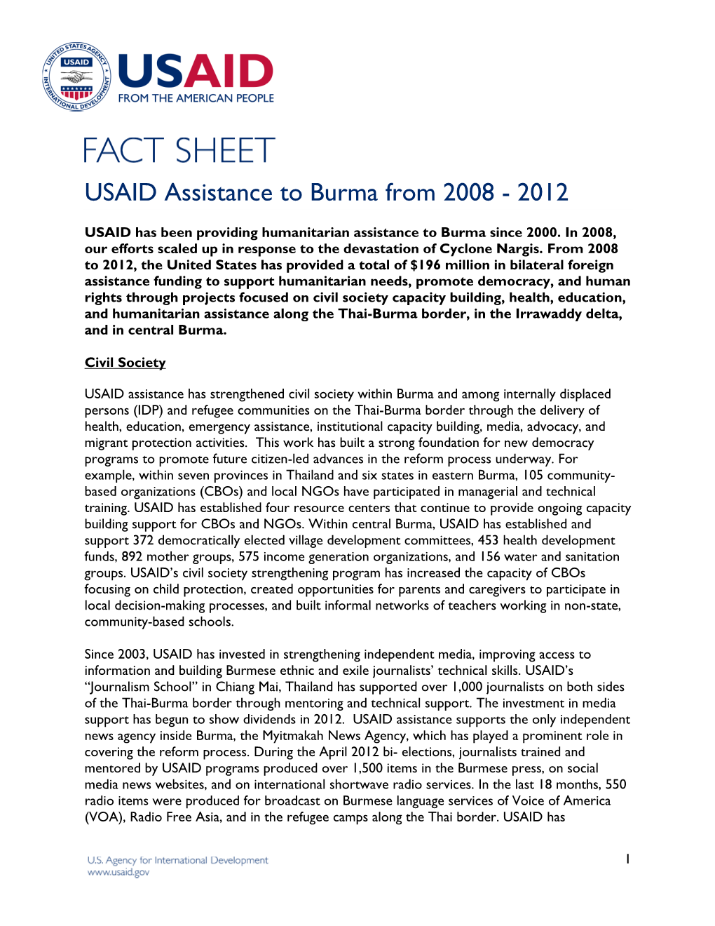 Fact Sheet: USAID Assistance to Burma from 2008