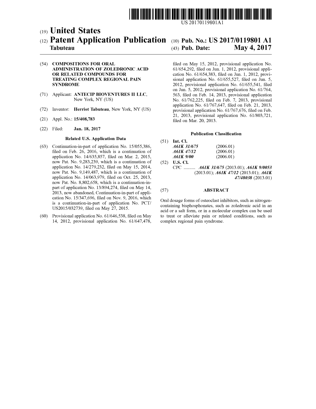 (12) Patent Application Publication (10) Pub. No.: US 2017/0119801 A1 Tabuteau (43) Pub