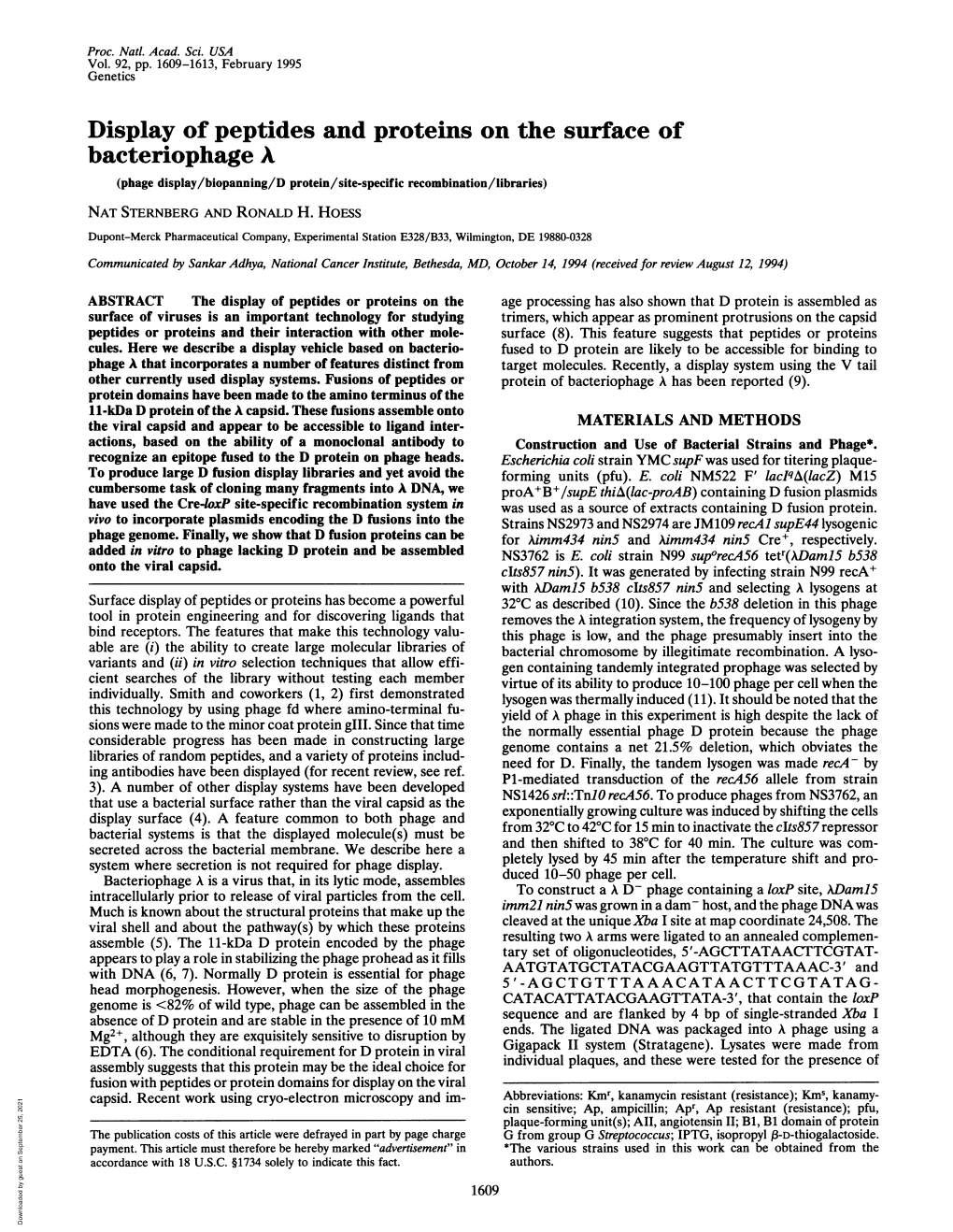 Bacteriophage a (Phage Display/Biopanning/D Protein/Site-Specific Recombination/Libraries) NAT STERNBERG and RONALD H