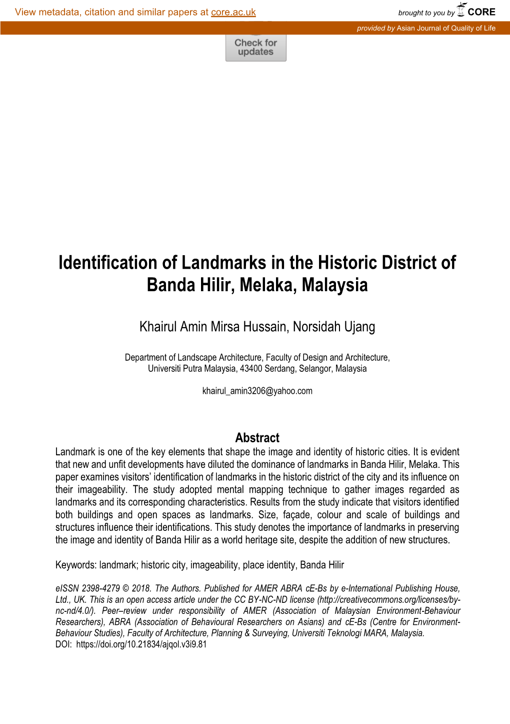 Identification of Landmarks in the Historic District of Banda Hilir, Melaka, Malaysia