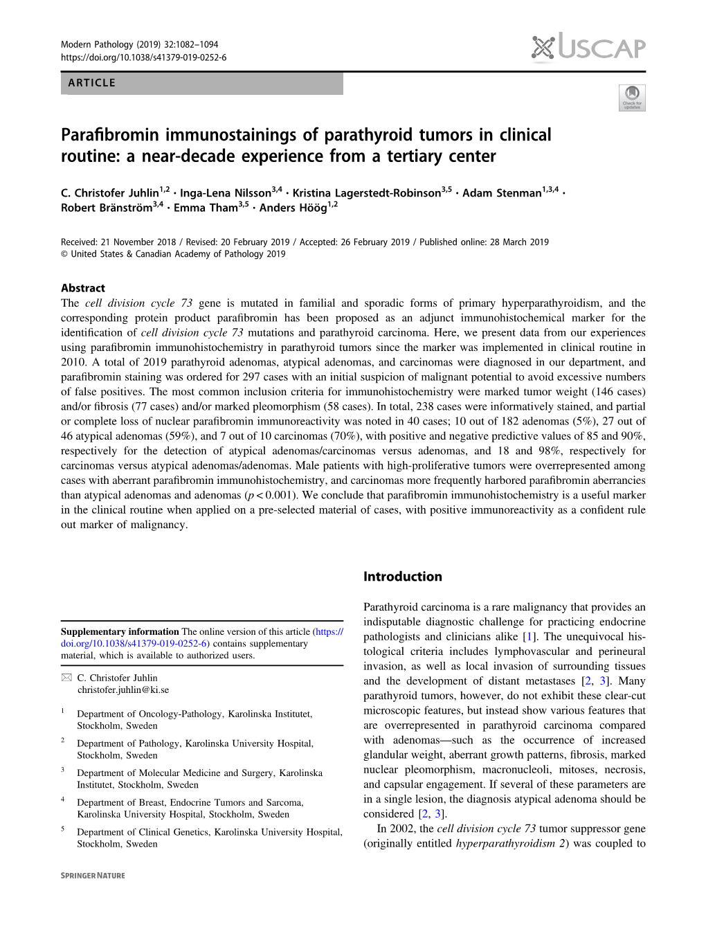 Parafibromin Immunostainings of Parathyroid Tumors in Clinical Routine