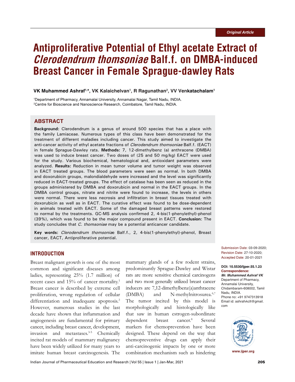 Clerodendrum Thomsoniae Balf.F. on DMBA-Induced Breast Cancer in Female Sprague-Dawley Rats