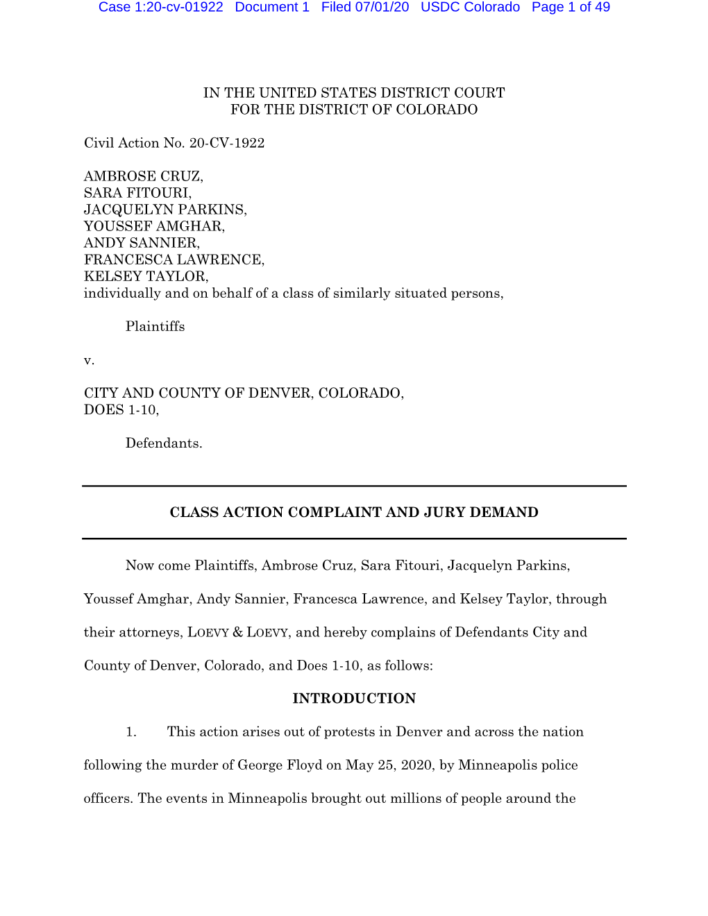 Case 1:20-Cv-01922 Document 1 Filed 07/01/20 USDC Colorado Page 1 of 49