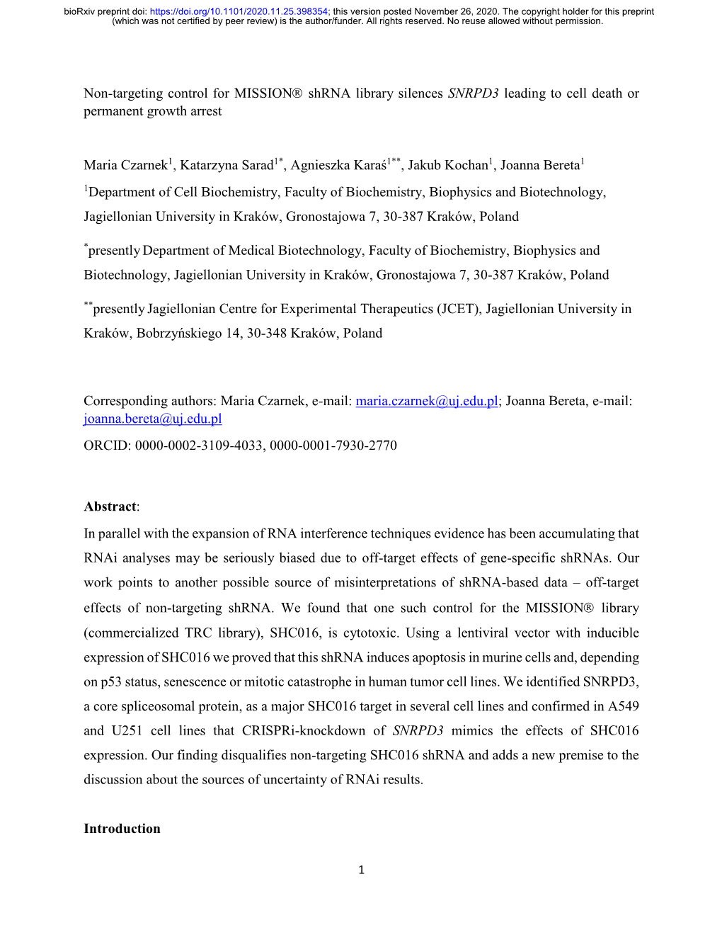 Non-Targeting Control for MISSION® Shrna Library Silences SNRPD3