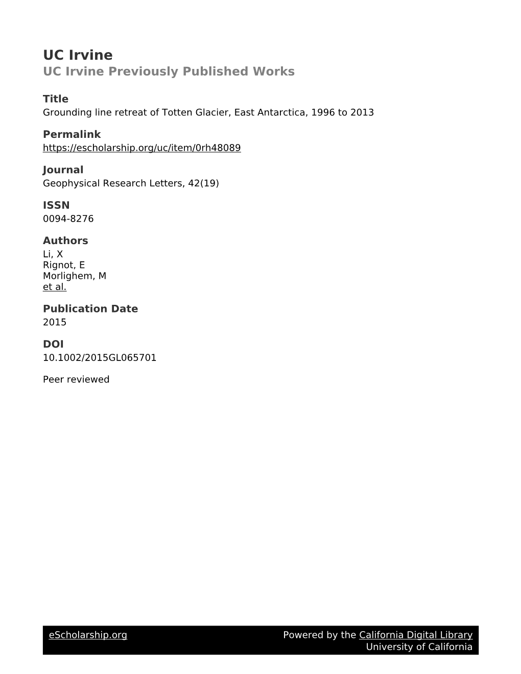 Grounding Line Retreat of Totten Glacier, East Antarctica, 1996 to 2013