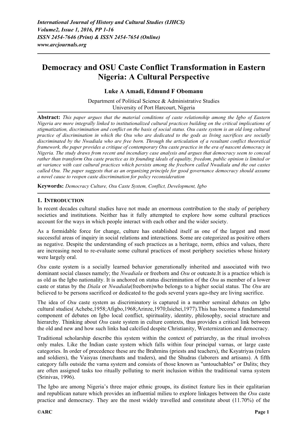 Democracy and OSU Caste Conflict Transformation in Eastern Nigeria: a Cultural Perspective