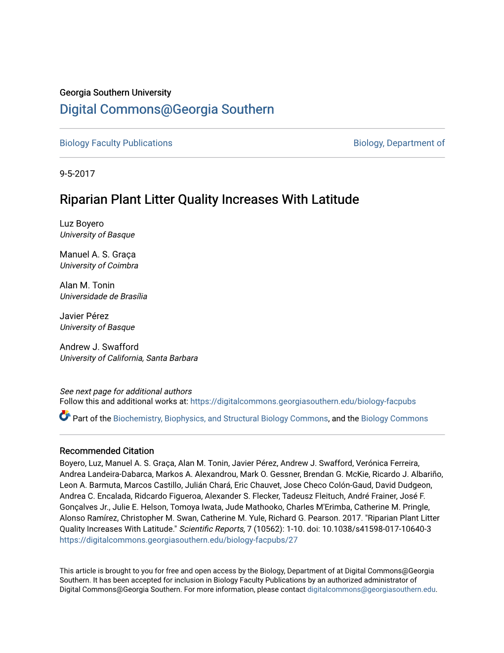 Riparian Plant Litter Quality Increases with Latitude