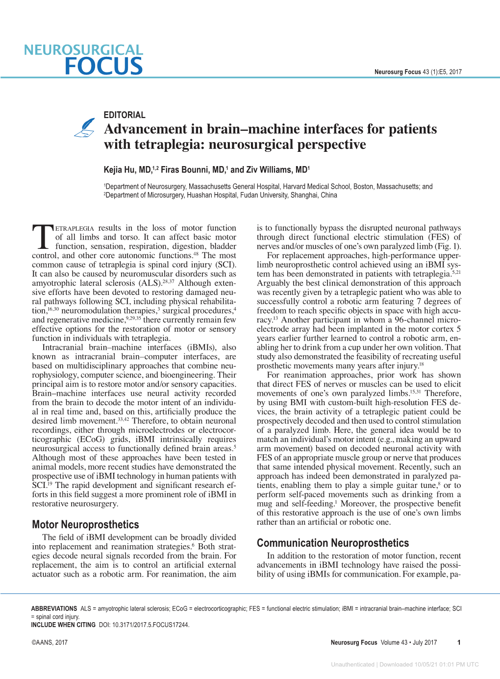 Advancement in Brain–Machine Interfaces for Patients with Tetraplegia: Neurosurgical Perspective