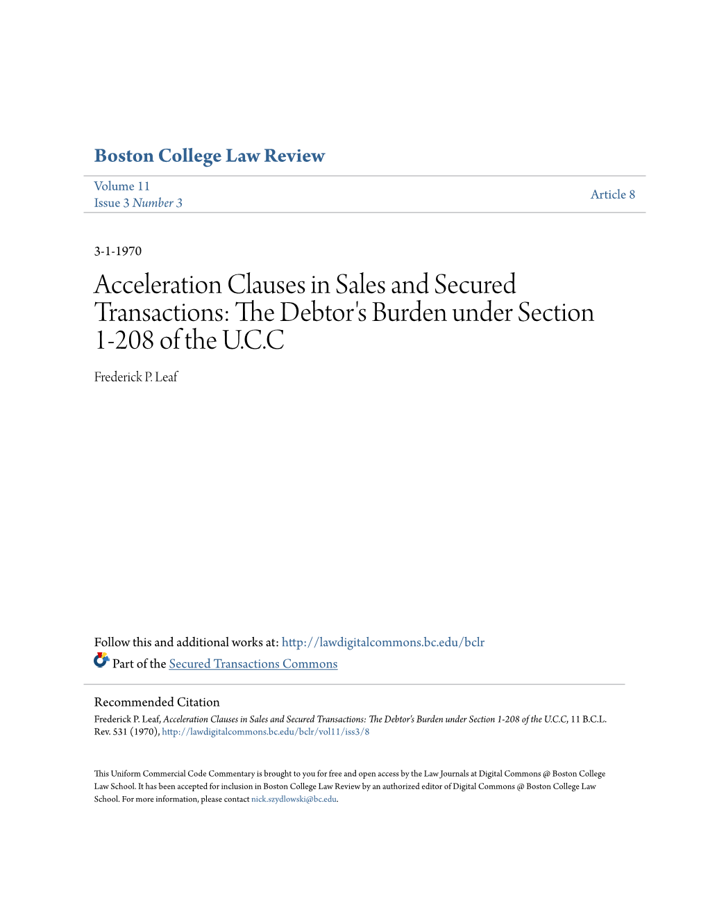 Acceleration Clauses in Sales and Secured Transactions: the Debtor's Burden Under Section 1-208 of the U.C.C, 11 B.C.L