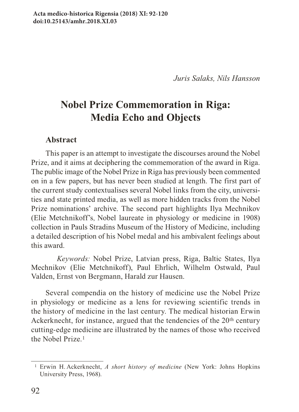 Nobel Prize Commemoration in Riga: Media Echo and Objects