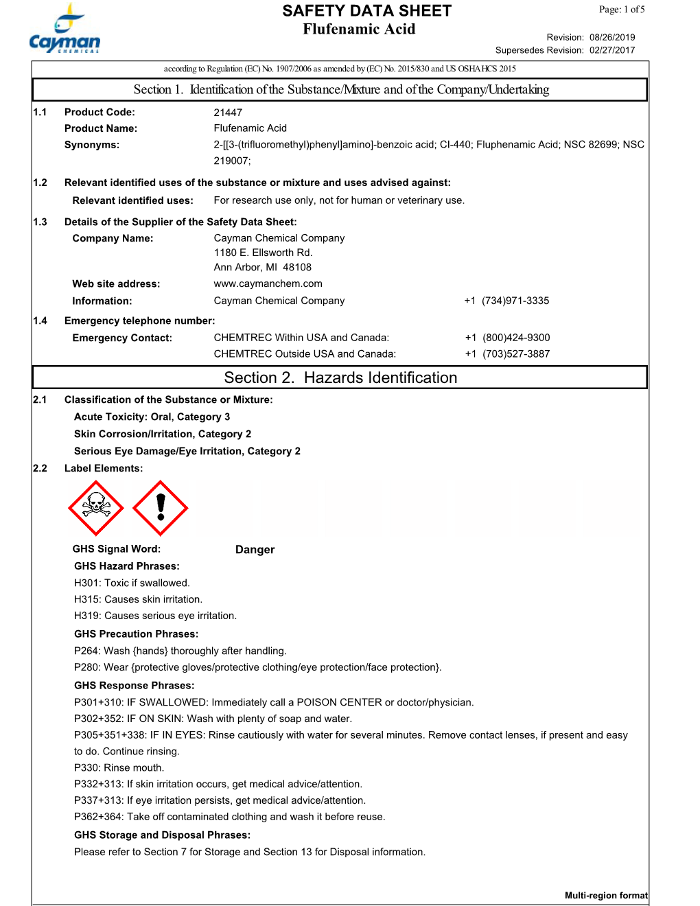 Flufenamic Acid SAFETY DATA SHEET Section 2. Hazards