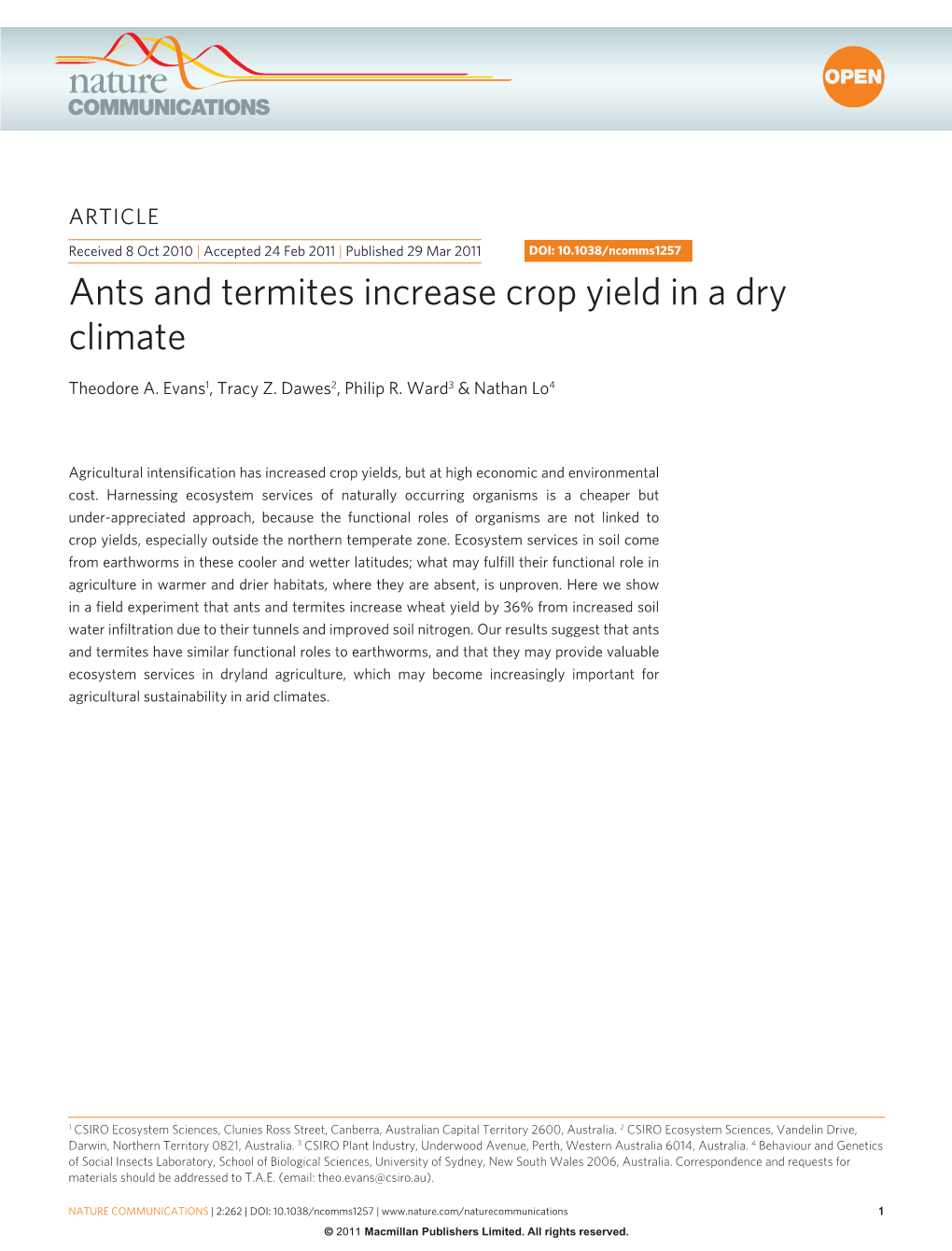 Ants and Termites Increase Crop Yield in a Dry Climate