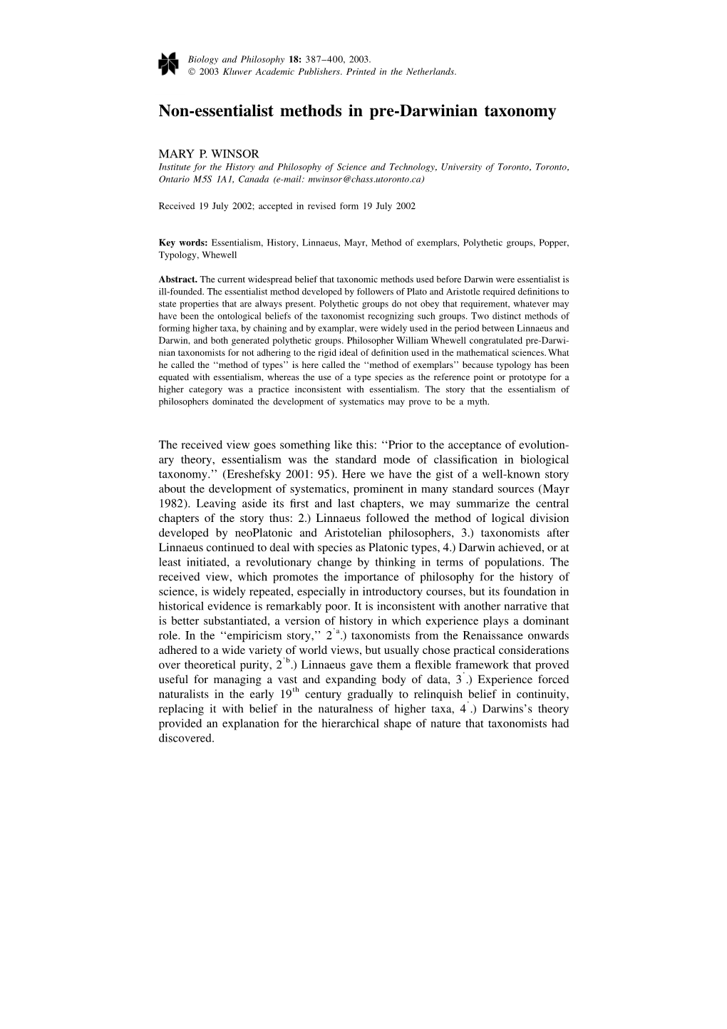 “Non-Essentialist Methods in Pre-Darwinian Taxonomy,” Biology and Philosophy 18