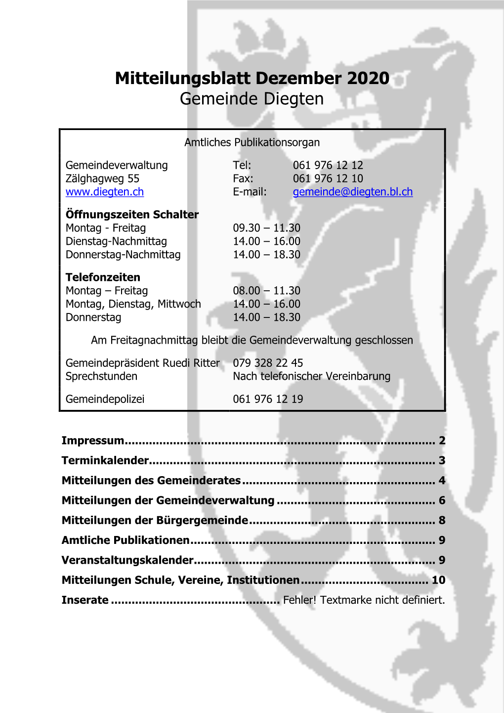 Mitteilungsblatt Dezember 2020 Gemeinde Diegten