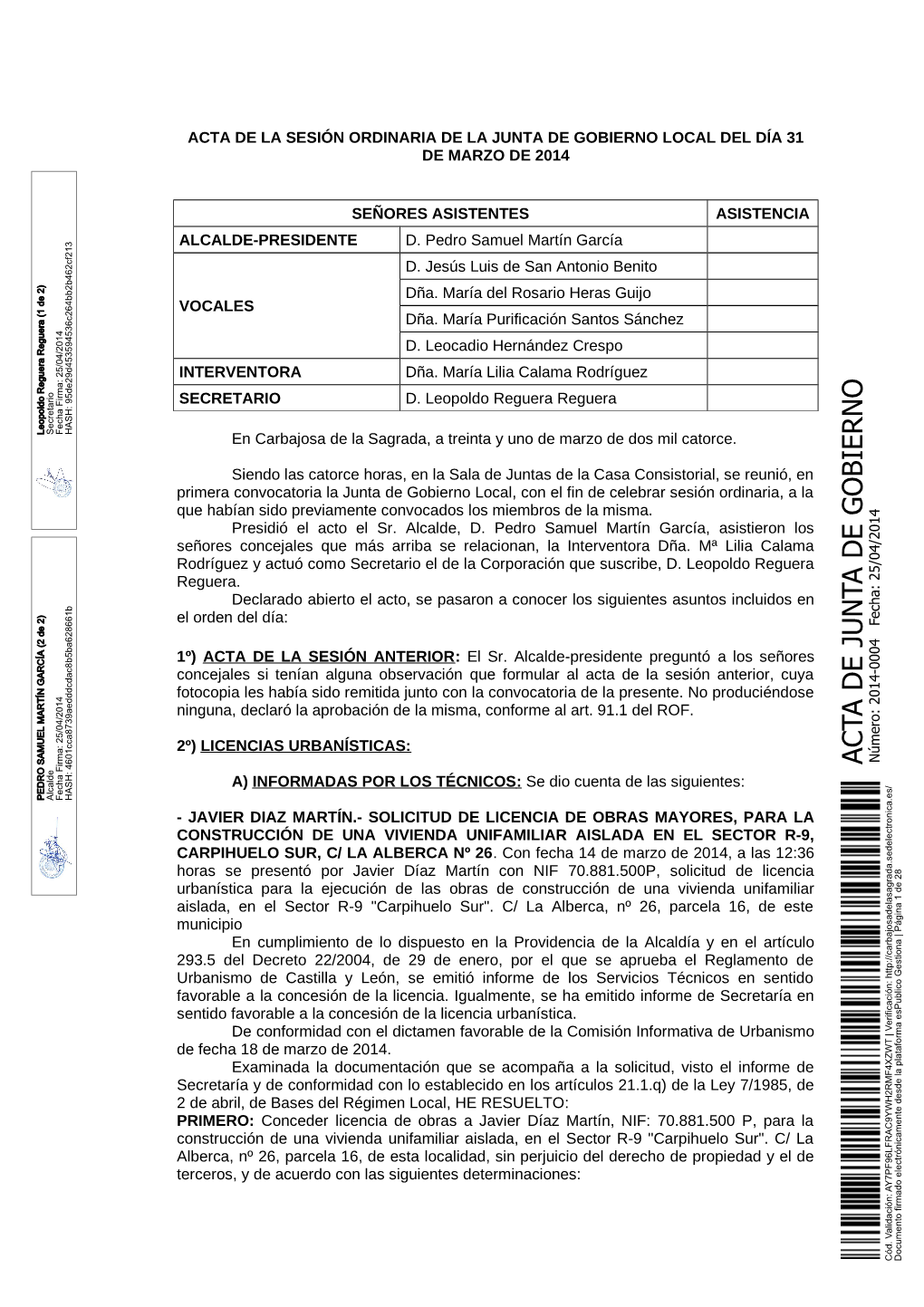 Acta De La Sesión Ordinaria De La Junta De Gobierno Local Del Día 31 De Marzo De 2014