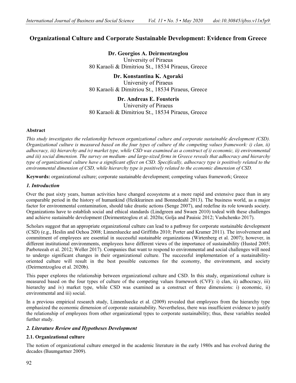 Organizational Culture and Corporate Sustainable Development: Evidence from Greece