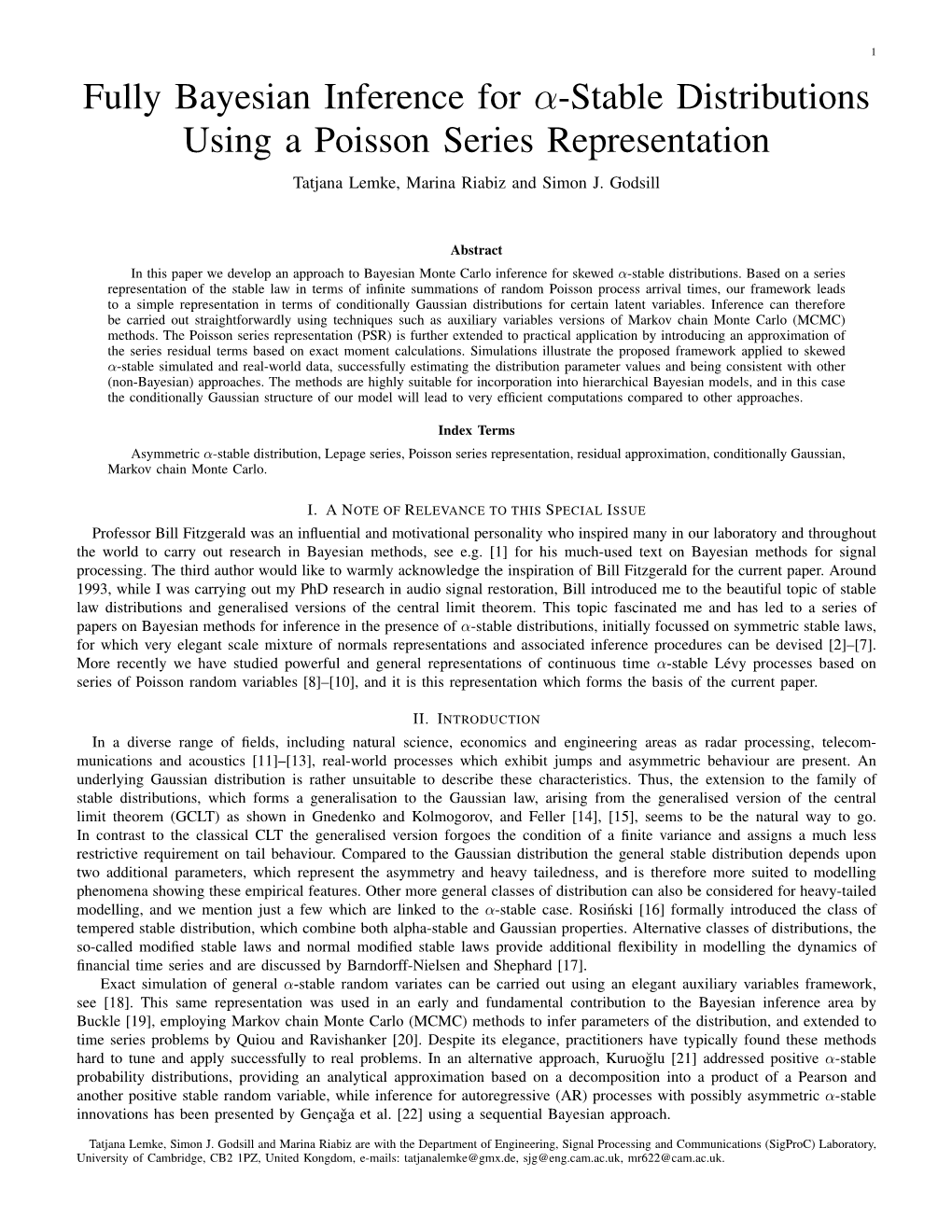 Fully Bayesian Inference for Α-Stable Distributions Using a Poisson Series Representation Tatjana Lemke, Marina Riabiz and Simon J