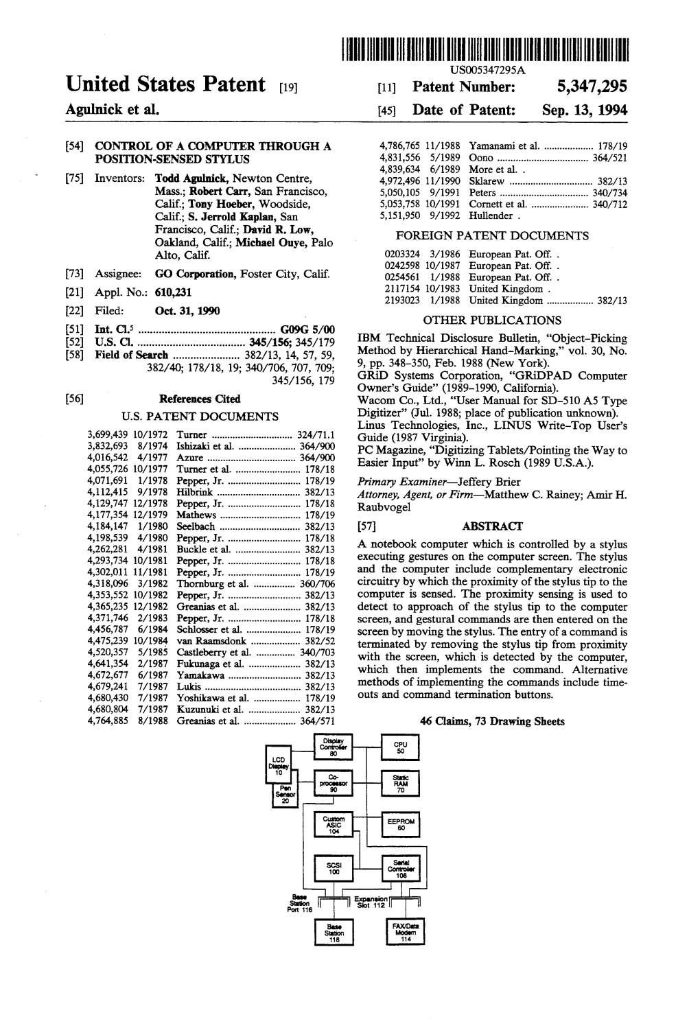 United States Patent (19) 11 Patent Number: 5,347,295 Agulnick Et Al