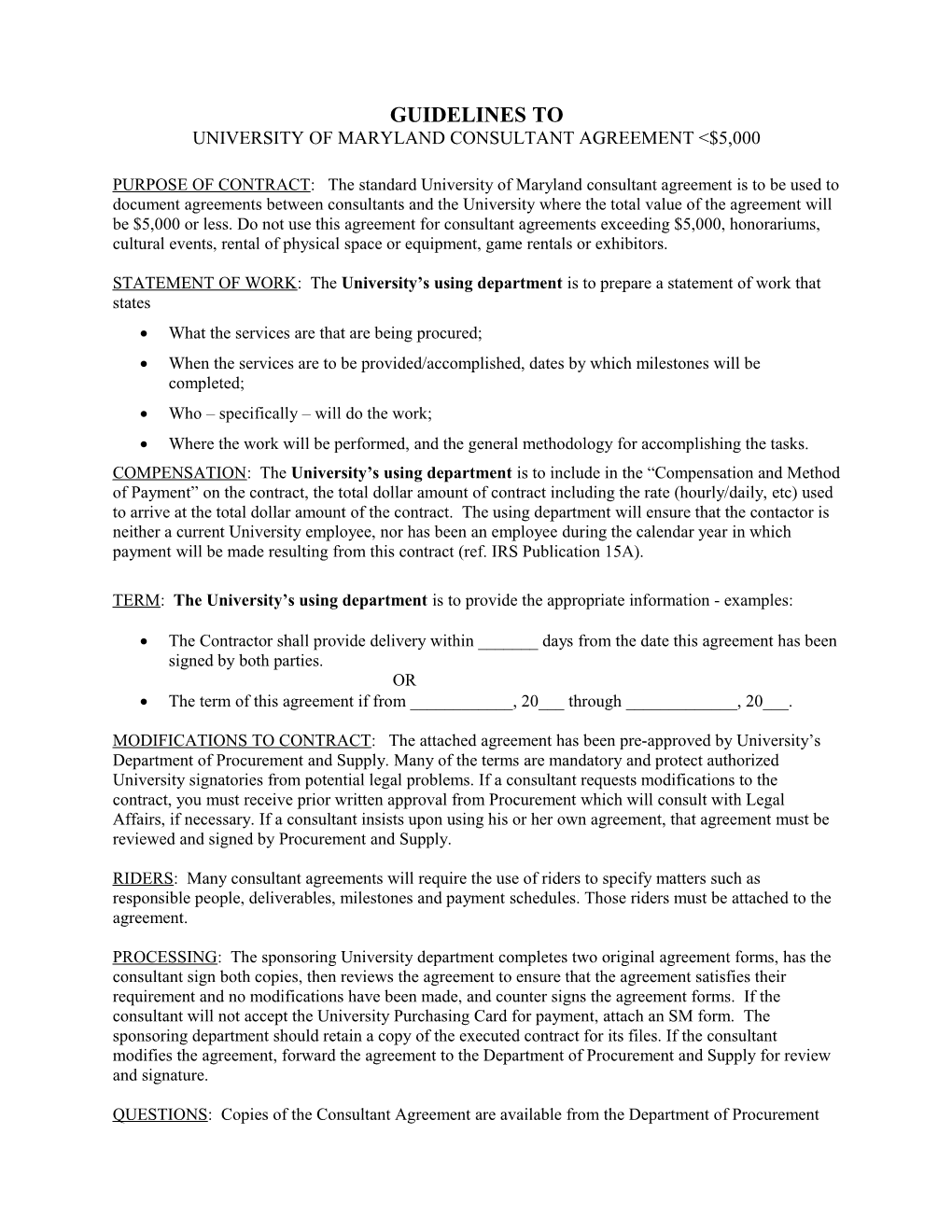 UNIVERSITY of MARYLAND CONSULTANT AGREEMENT <$5,000