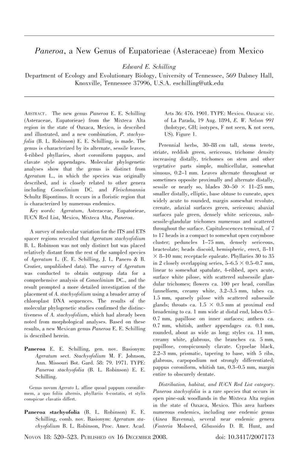 Paneroa, a New Genus of Eupatorieae (Asteraceae) from Mexico