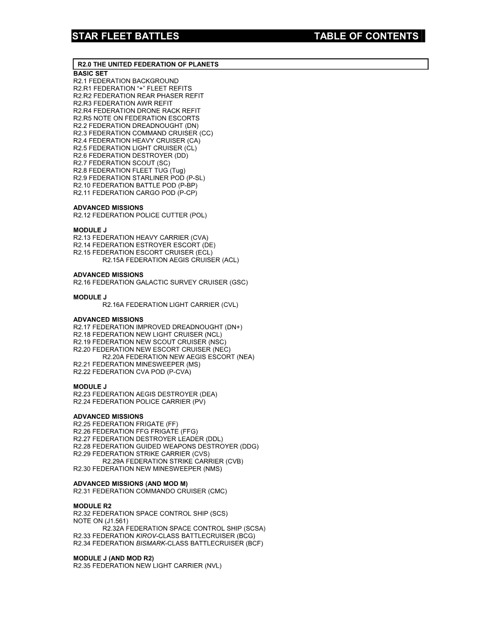 Star Fleet Battles Table of Contents R2.0 Federation