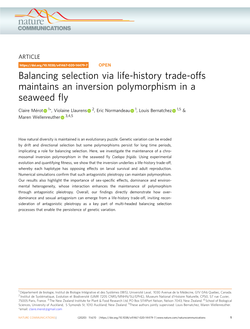 Balancing Selection Via Life-History Trade-Offs Maintains an Inversion Polymorphism in a Seaweed ﬂy