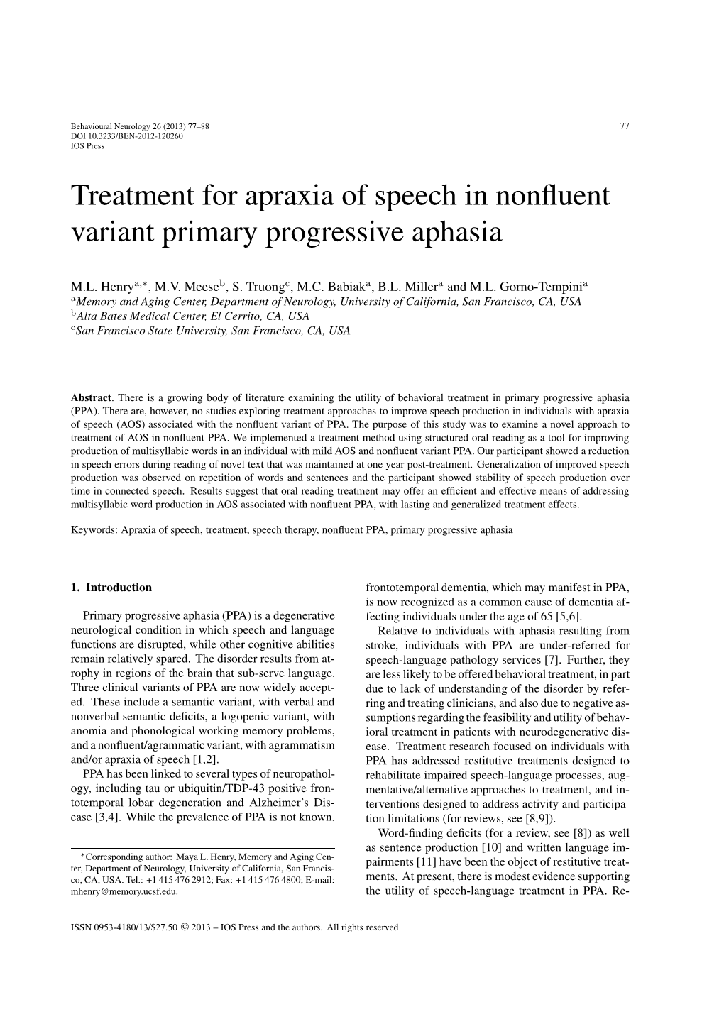 Treatment for Apraxia of Speech in Nonfluent Variant Primary
