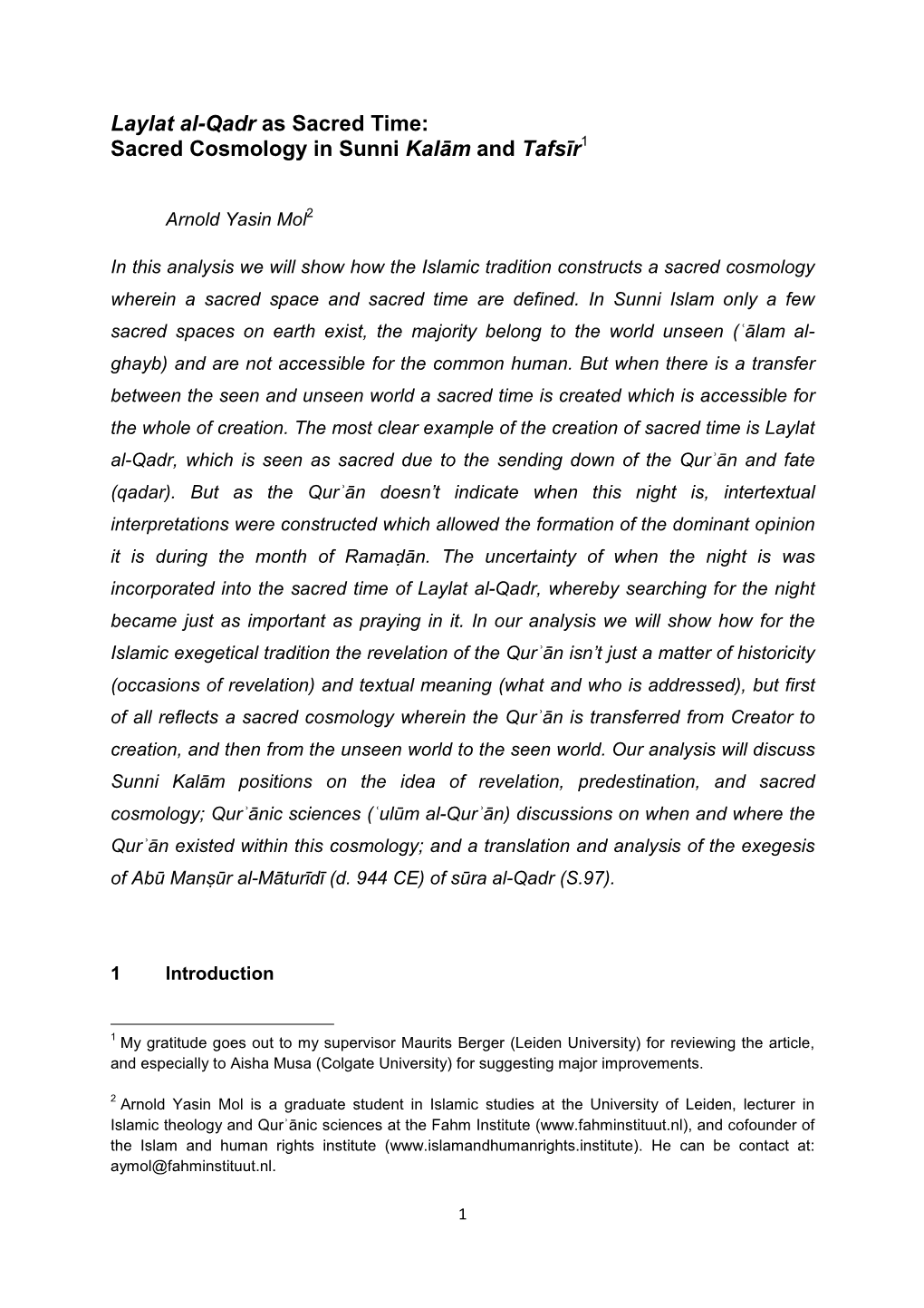 Sacred Cosmology in Sunni Kalām and Tafsīr1