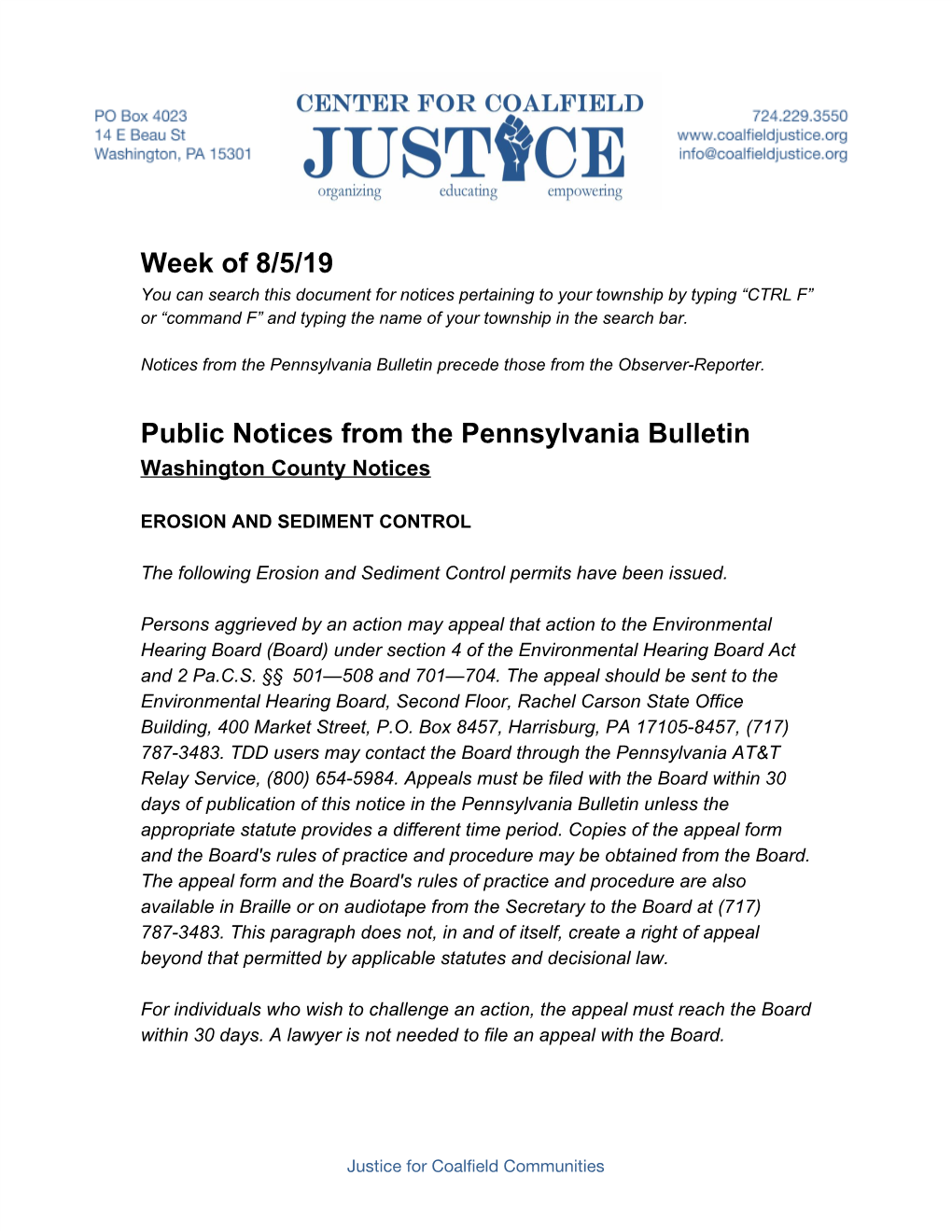 Week of 8/5/19 Public Notices from the Pennsylvania Bulletin
