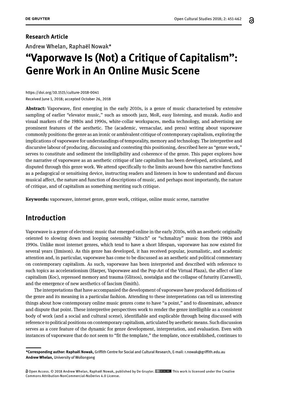 “Vaporwave Is (Not) a Critique of Capitalism”: Genre Work in an Online Music Scene