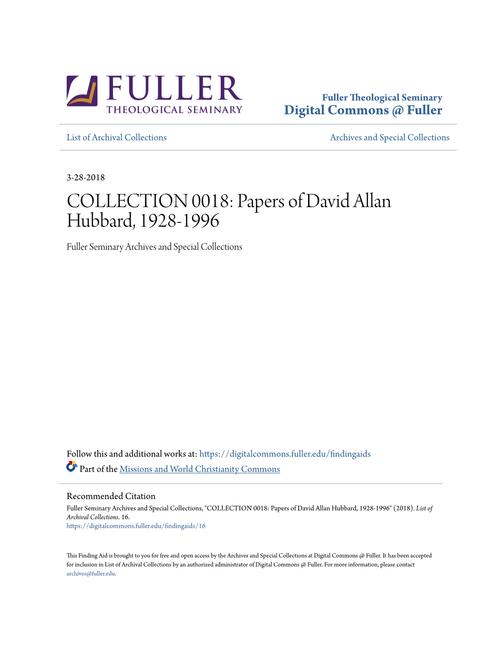 Papers of David Allan Hubbard, 1928-1996 Fuller Seminary Archives and Special Collections