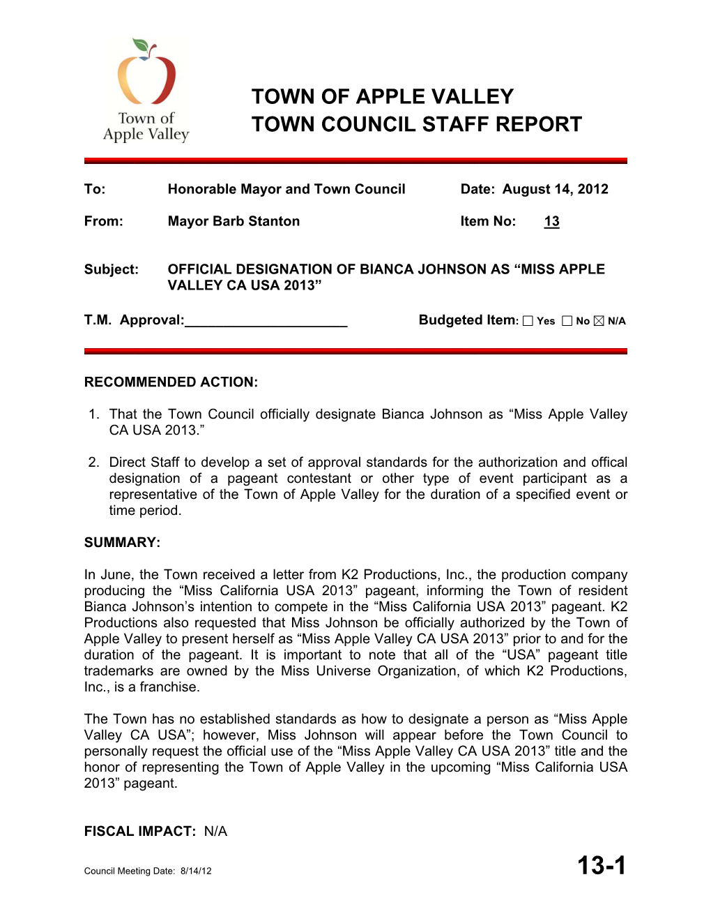 Town of Apple Valley Town Council Staff Report