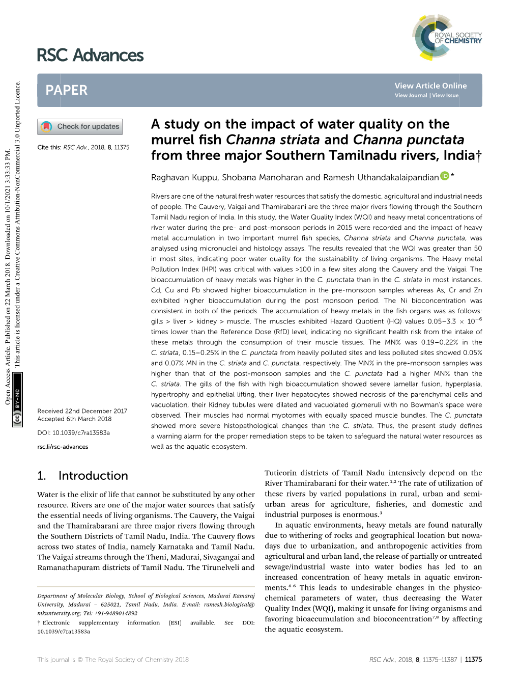 A Study on the Impact of Water Quality on the Murrel Fish Channa Striata