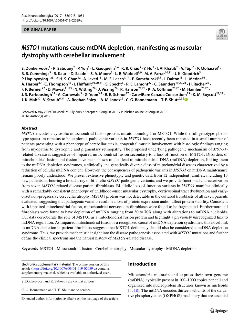 MSTO1 Mutations Cause Mtdna Depletion, Manifesting As Muscular Dystrophy with Cerebellar Involvement