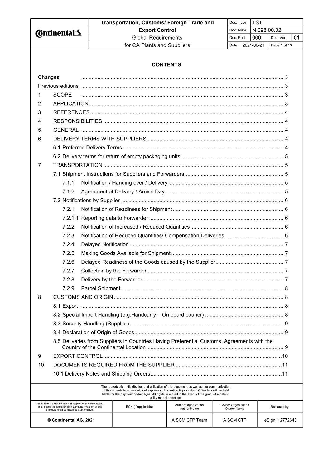 Transportation, Customs/ Foreign Trade and TST Export Control N 098 00.02 Global Requirements 000 01 for CA Plants and Supplier