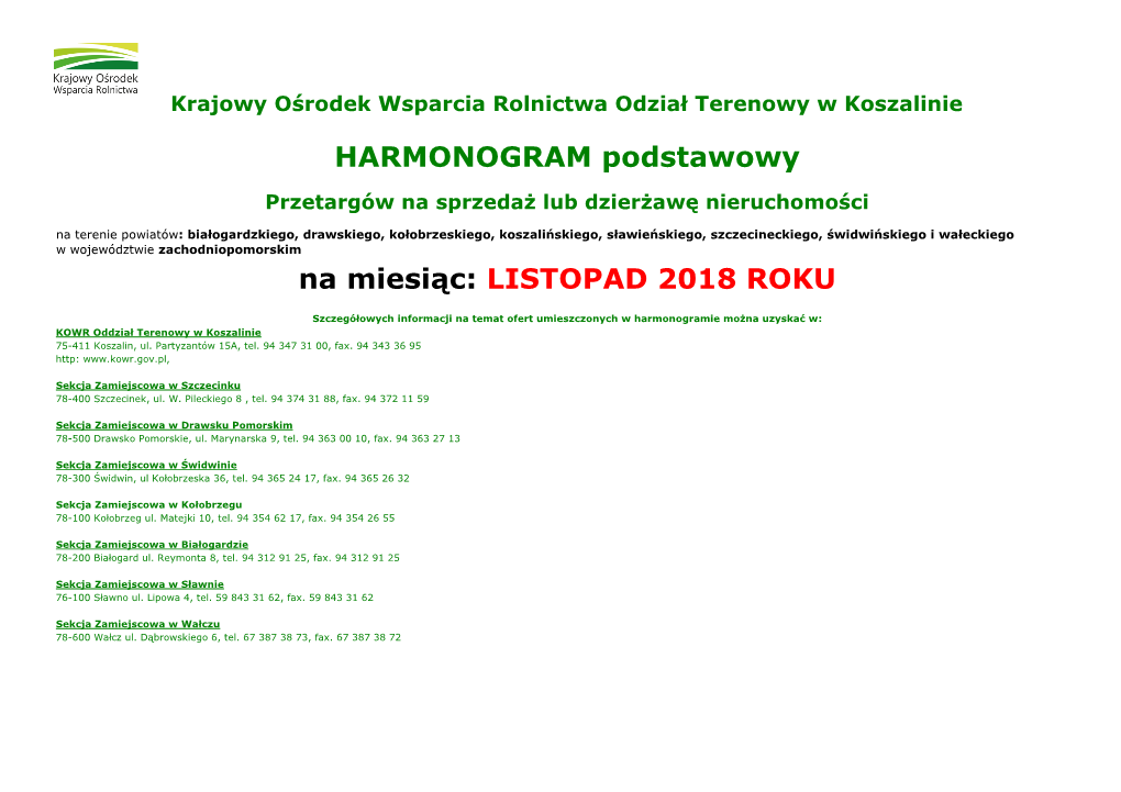 HARMONOGRAM Podstawowy Na Miesiąc: LISTOPAD 2018 ROKU