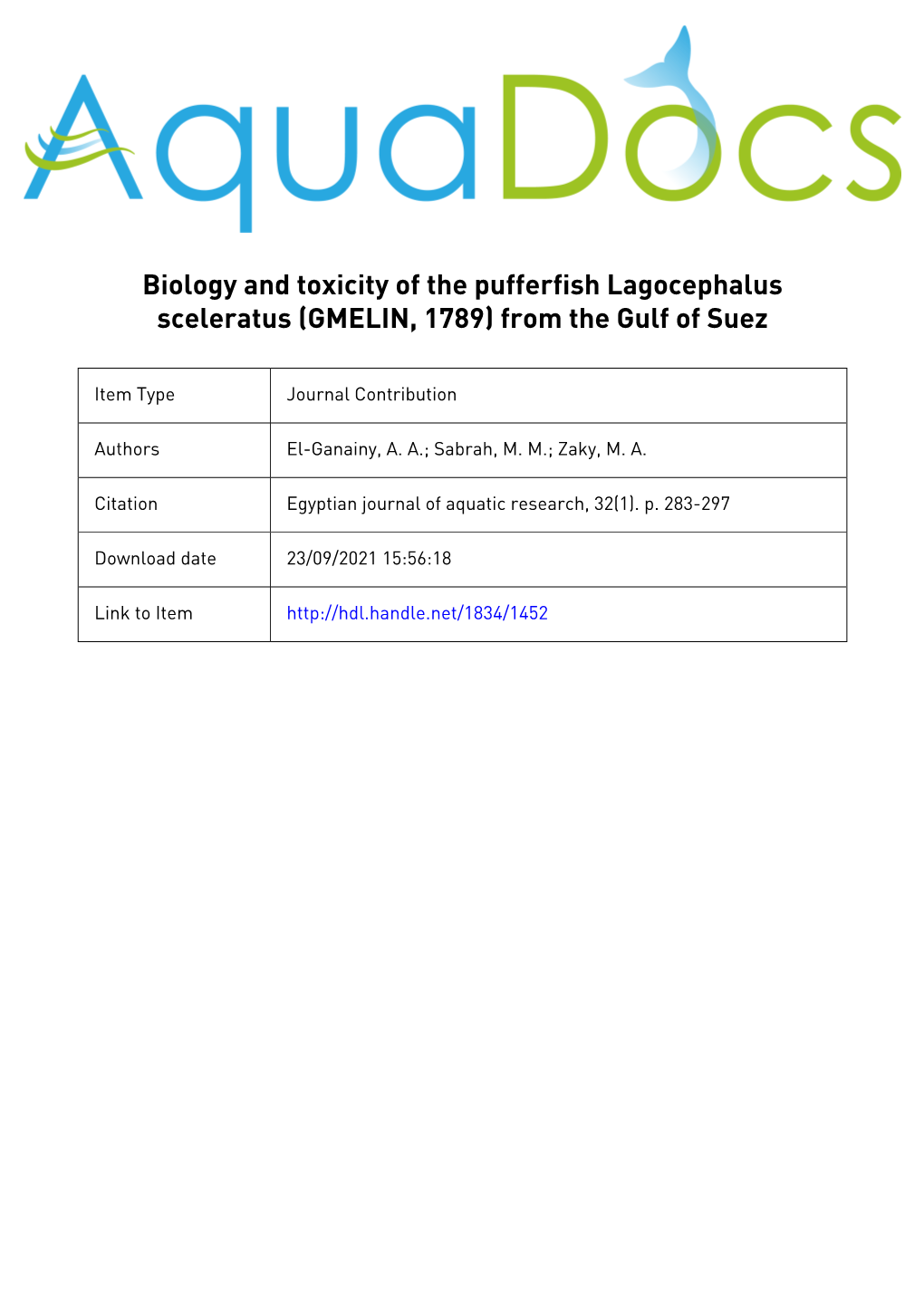 Biology and Toxicity of the Pufferfish Lagocephalus Sceleratus (GMELIN, 1789) from the Gulf of Suez